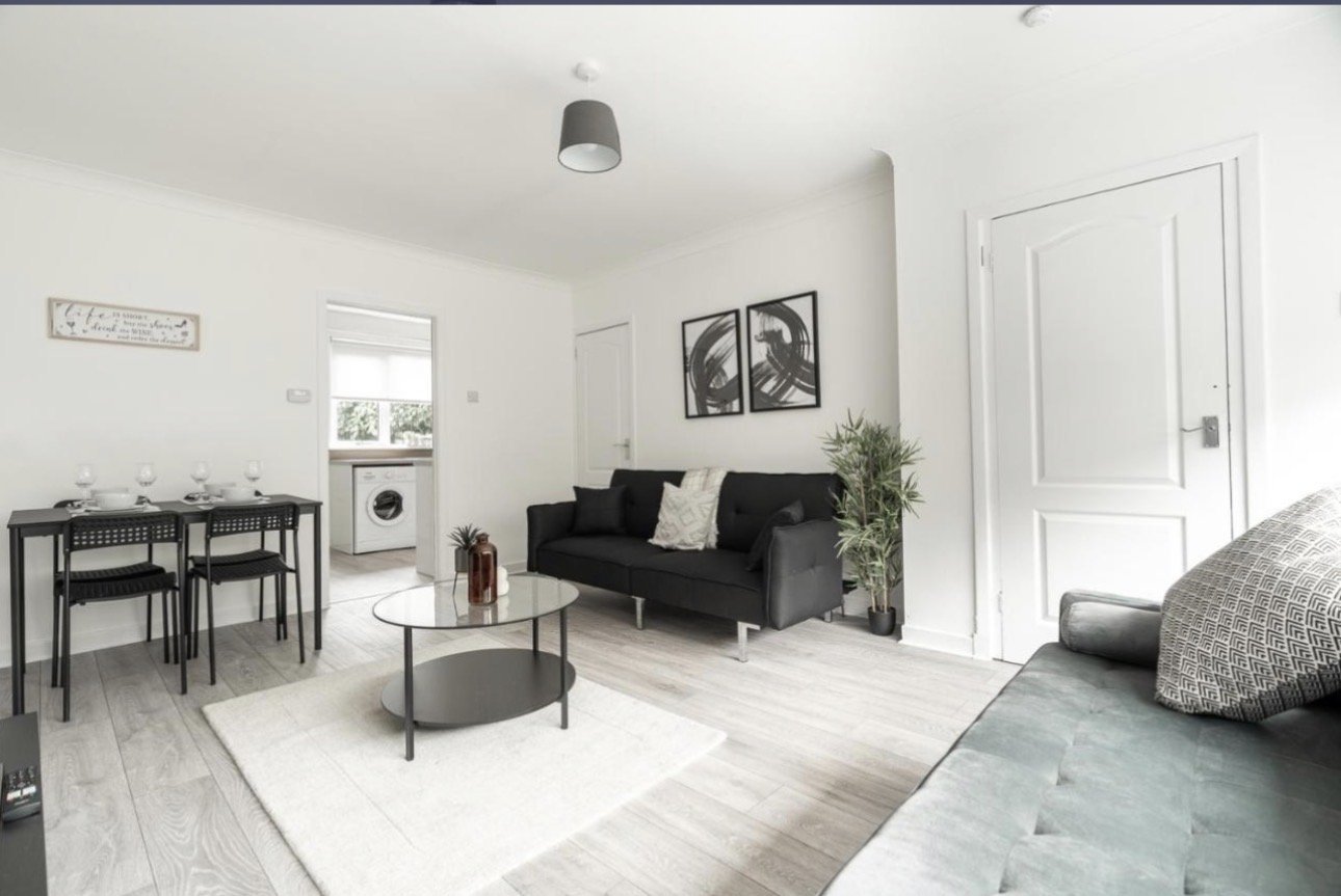 Open-plan living area with black sofa, dining table, washing machine and potted plants