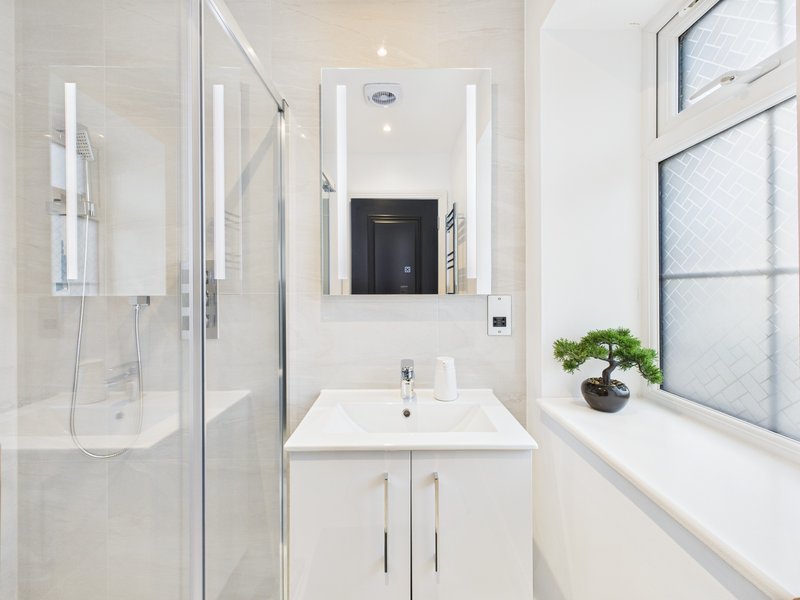 Modern white bathroom with shower cubicle, vanity sink, mirror and small potted plant