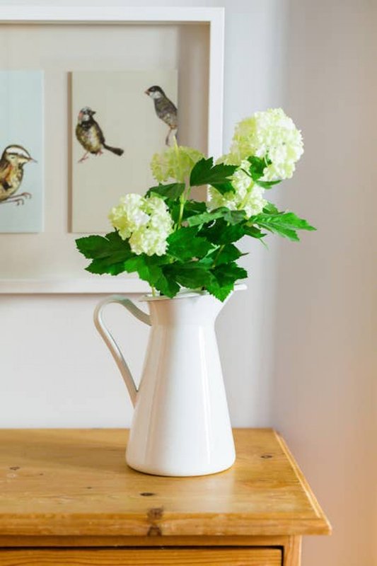 White pitcher with green hydrangea flowers on wooden table, framed bird artwork on wall