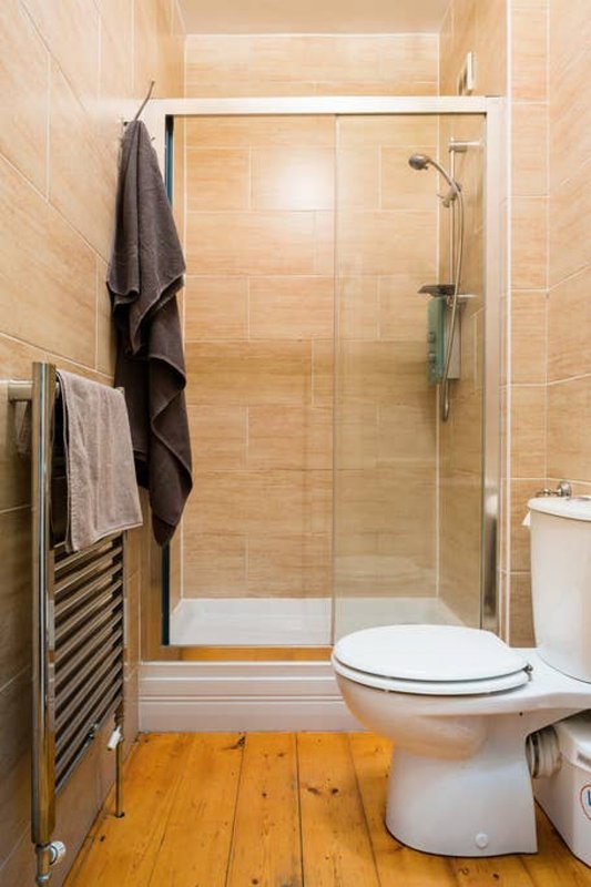 Modern bathroom with walk-in shower, toilet, wooden floor and heated towel rail