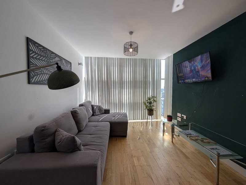 Modern living room with grey sofa, black pendant lamp, dark green accent wall, TV and wooden flooring