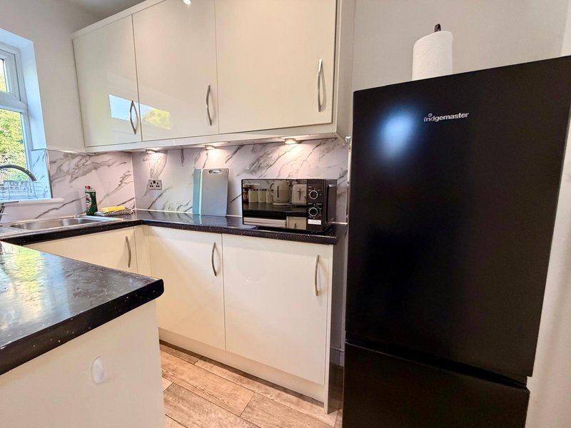 Modern kitchen with white cabinets, black countertop, marble backsplash and black refrigerator