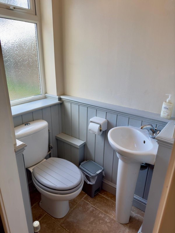 Small bathroom with toilet, pedestal sink, and window with frosted glass