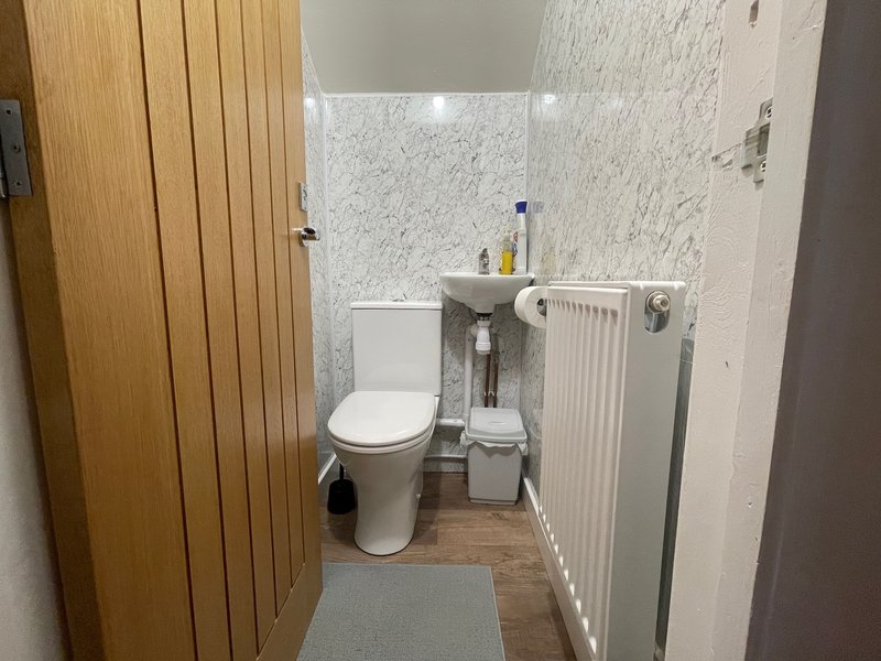 Compact bathroom with toilet, pedestal sink, radiator and wooden door