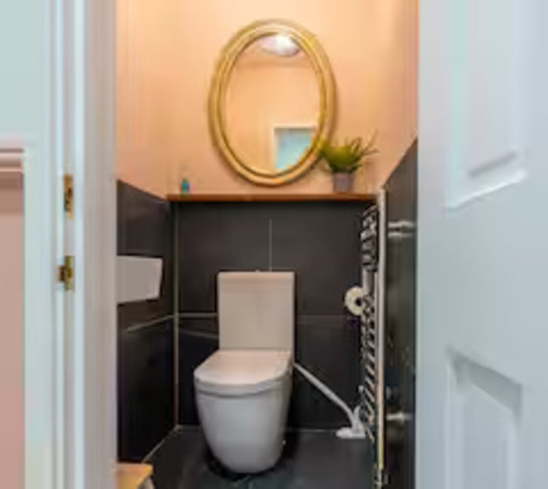 Modern bathroom with toilet, round gold mirror, black tile wall, and small plant