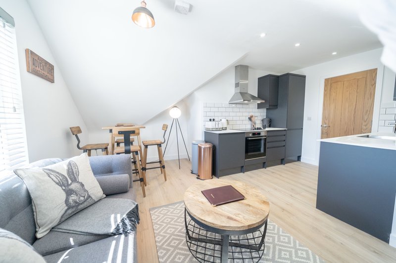 Open-plan studio apartment with kitchen, dining area, sofa and wooden flooring
