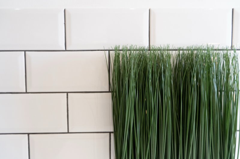 Close-up of white subway tile wall with green plant foliage against it