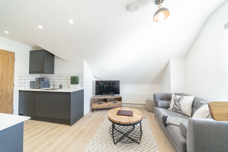 Open-plan studio with kitchenette, sofa, TV, and round coffee table on wooden flooring