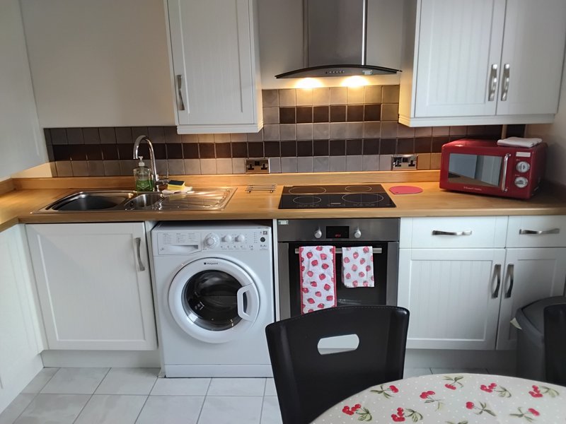 Modern kitchen with white cabinetry, integrated washing machine, black cooktop, red microwave and breakfast bar