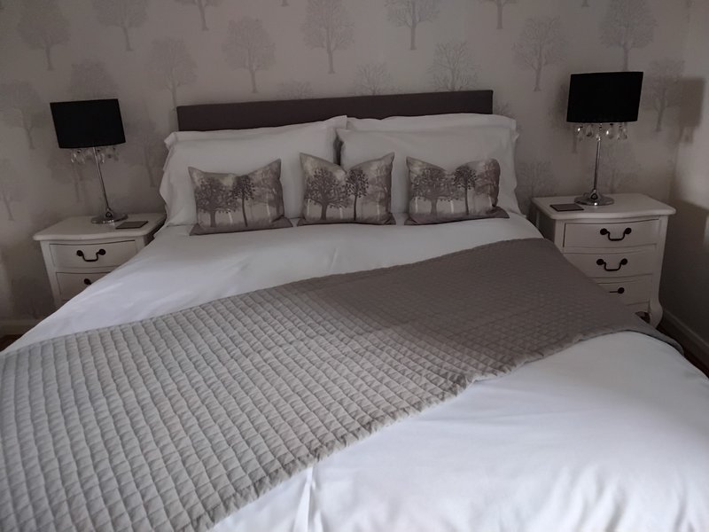 Modern bedroom with double bed, decorative pillows, white bedding and twin nightstands