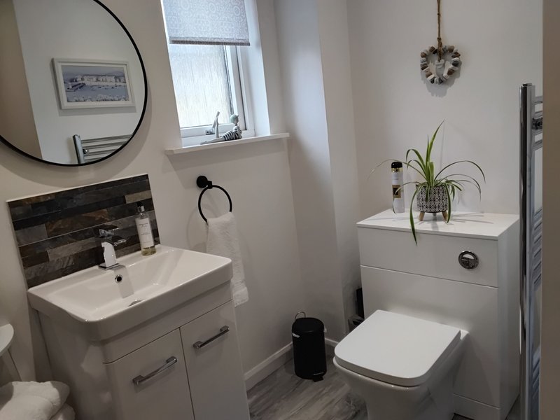 Modern bathroom with white vanity unit, round mirror, toilet, and potted plant