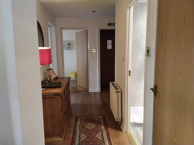 Hallway with wooden furniture, lamp with pink shade, multiple doors and dark flooring