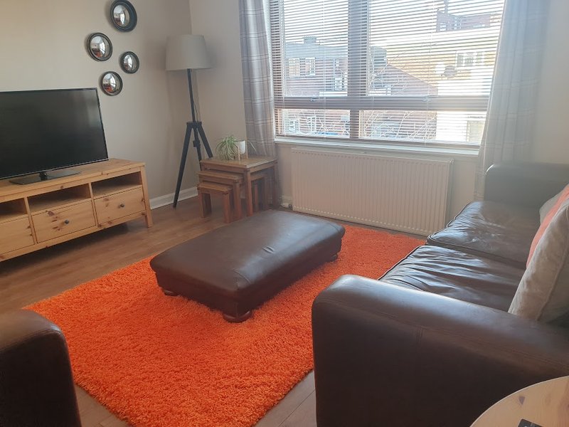 Living room with x 2 brown leather comfortable sofas, orange rug, TV unit and street view from large window.