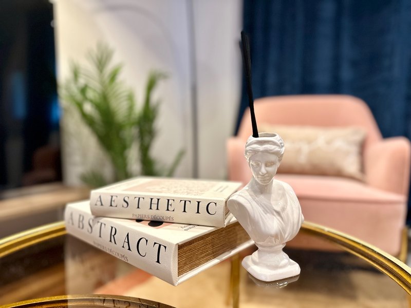 Modern living room with decorative books, white bust sculpture, potted plant, and pink armchair