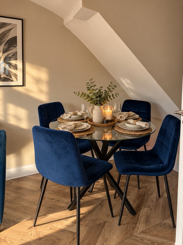 Dining area with round table, four blue velvet chairs, place settings and floral centerpiece