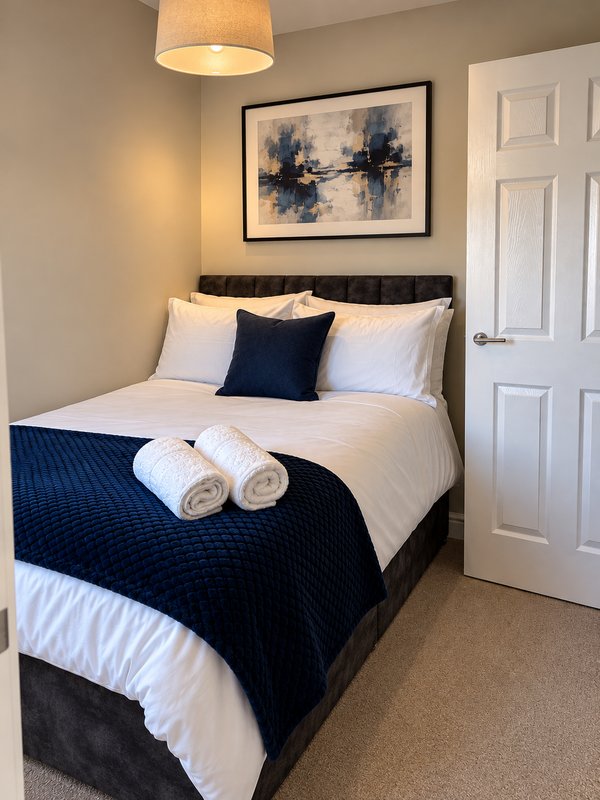 Modern bedroom with double bed, white pillows, navy bedding, framed abstract artwork, and pendant light