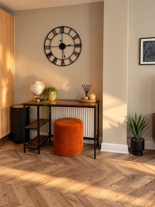 Modern home office with wooden desk, orange ottoman, decorative clock and potted plant