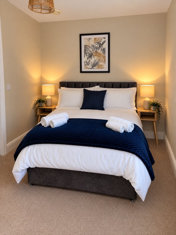 Modern bedroom with double bed, navy bedding, white pillows, wooden bedside tables with lamps