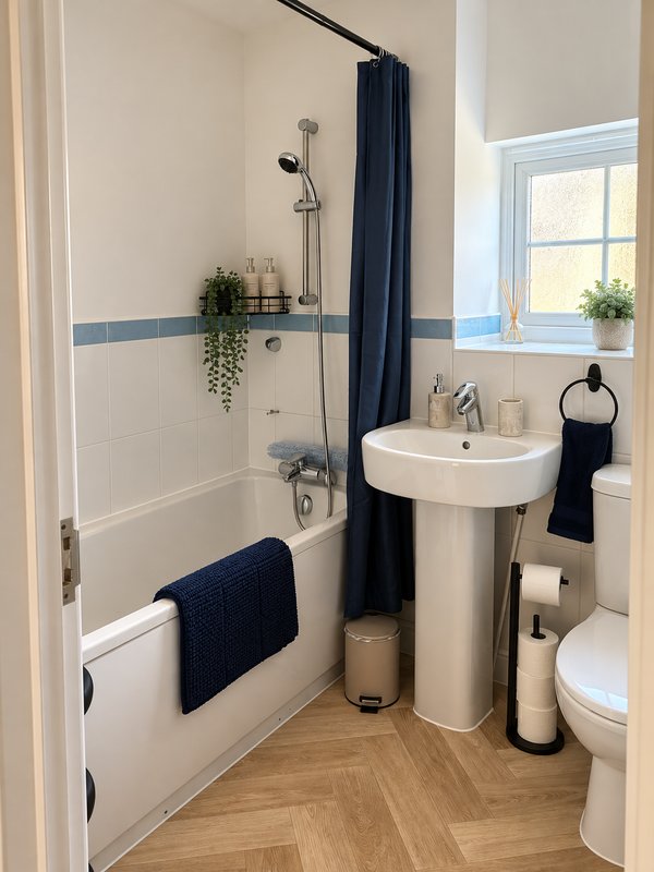 Modern bathroom with bathtub, shower, pedestal sink, toilet and navy accessories