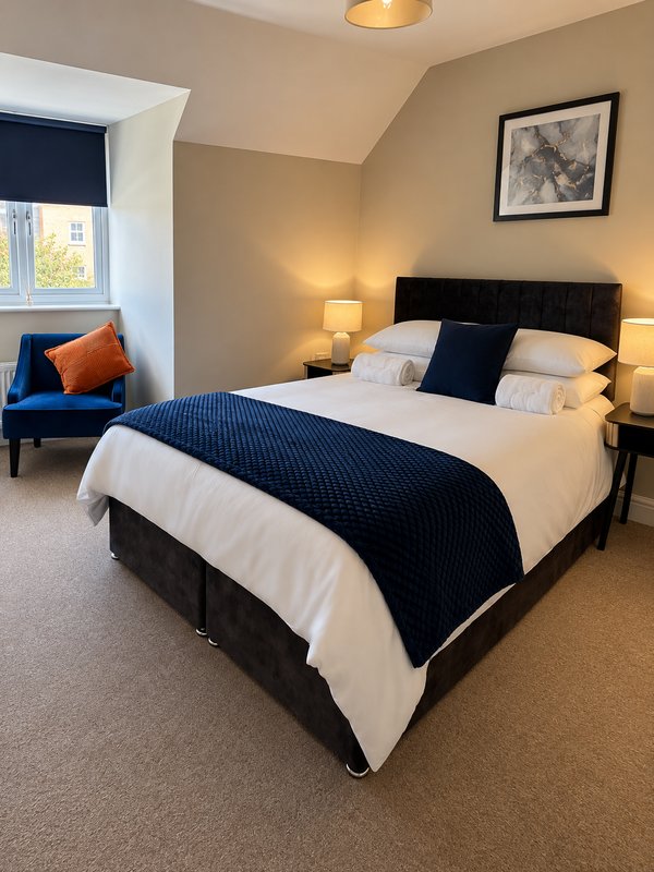 Bedroom with double bed, navy bedding, window seat, framed artwork and bedside lamps