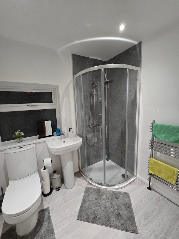 Modern bathroom with toilet, pedestal sink, curved shower enclosure and heated towel rail