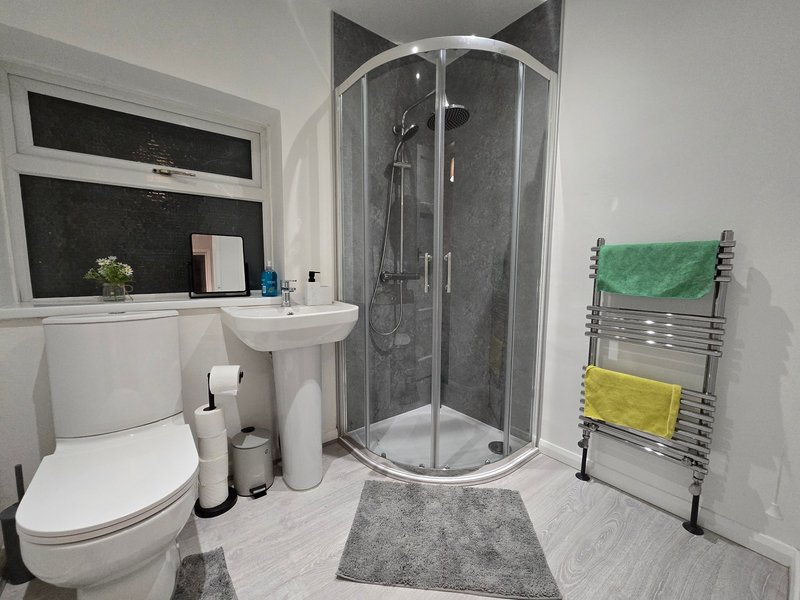 Modern bathroom with toilet, pedestal sink, curved shower enclosure and heated towel rail