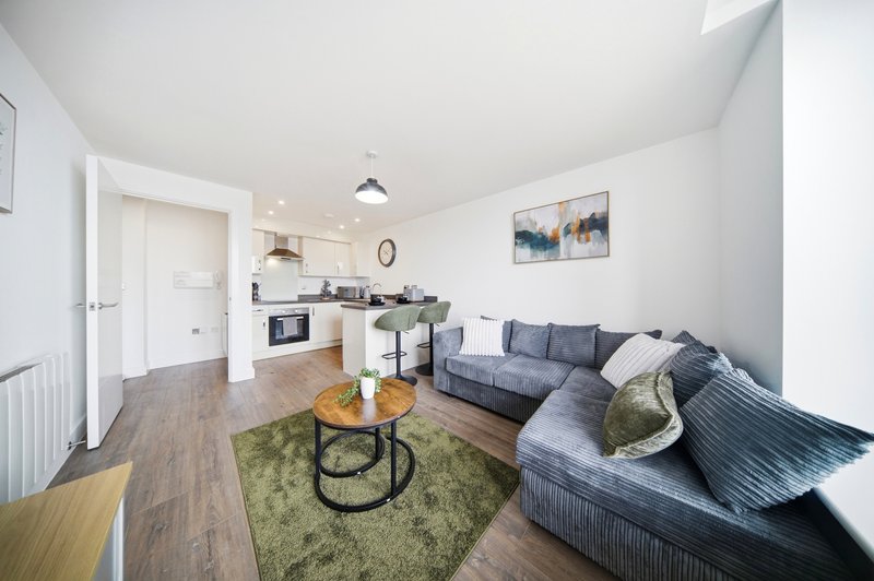 Open-plan living room and kitchen with grey sofa, wooden flooring, green rug and wall art