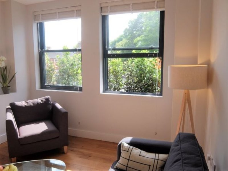 Bright living room with armchair, floor lamp, windows overlooking garden, wooden floor