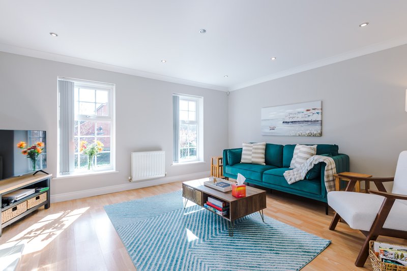 Bright modern living room with teal sofa, wooden floor, blue striped rug and large windows
