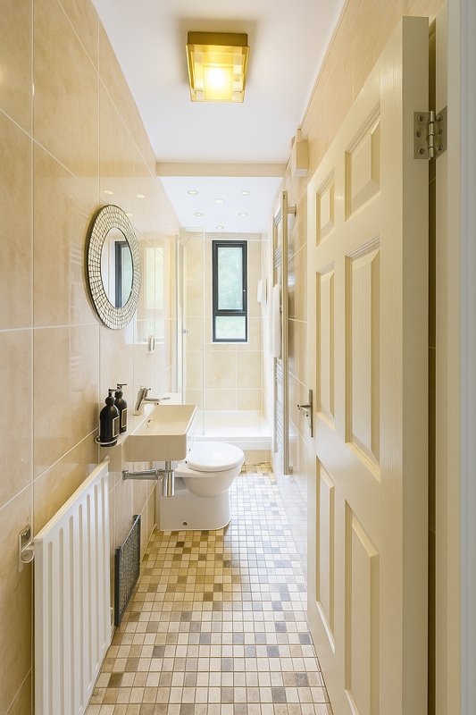 Narrow bathroom with toilet, sink, mirror, tiled walls and checkered floor