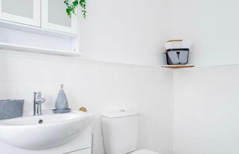 Clean white bathroom with round sink, toilet, window, and small shelf with plant