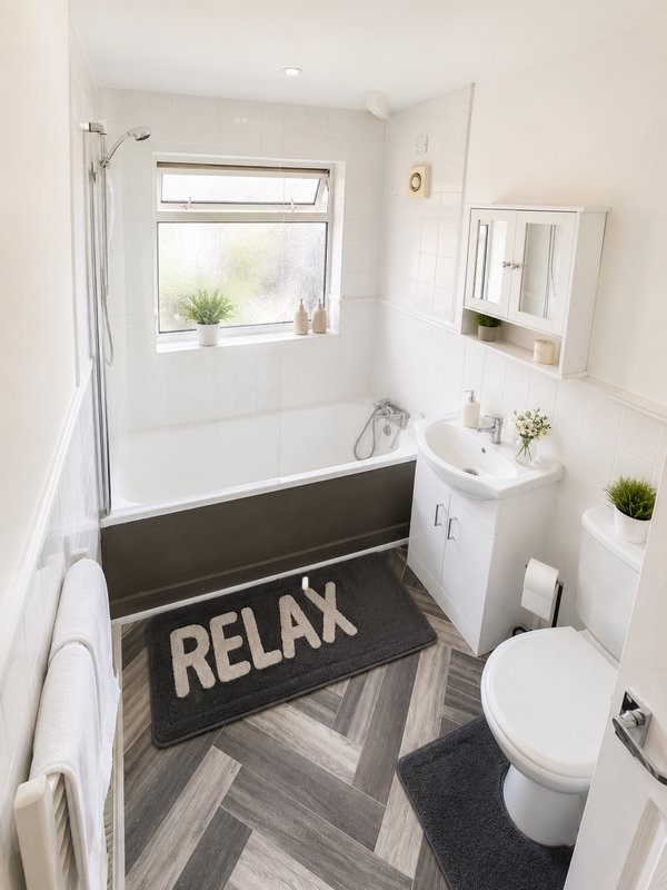 Modern bathroom with bath, shower, sink, toilet, and dark floor mat with text