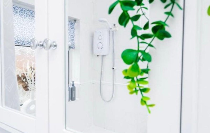 Modern shower enclosure with white tiles, glass door, control panel and green trailing plant