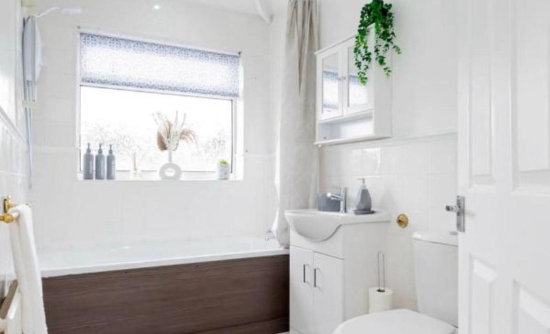 Modern bathroom with white walls, dark wood paneling, vanity sink, toilet and window with plants
