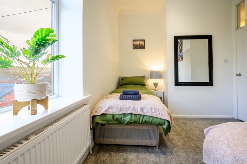 Bedroom with single bed, green bedding, potted plant by window, mirror and bedside lamp