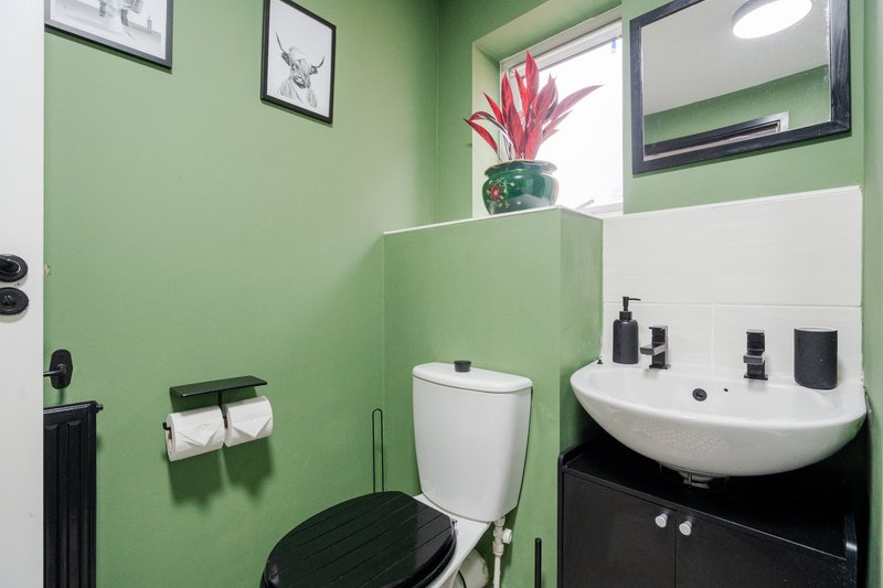 Modern bathroom with green walls, white sink, black toilet, and potted pink plant