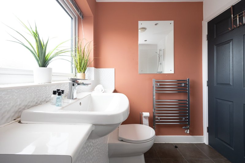 Modern bathroom with coral walls, white sink, toilet, heated towel rack and plants
