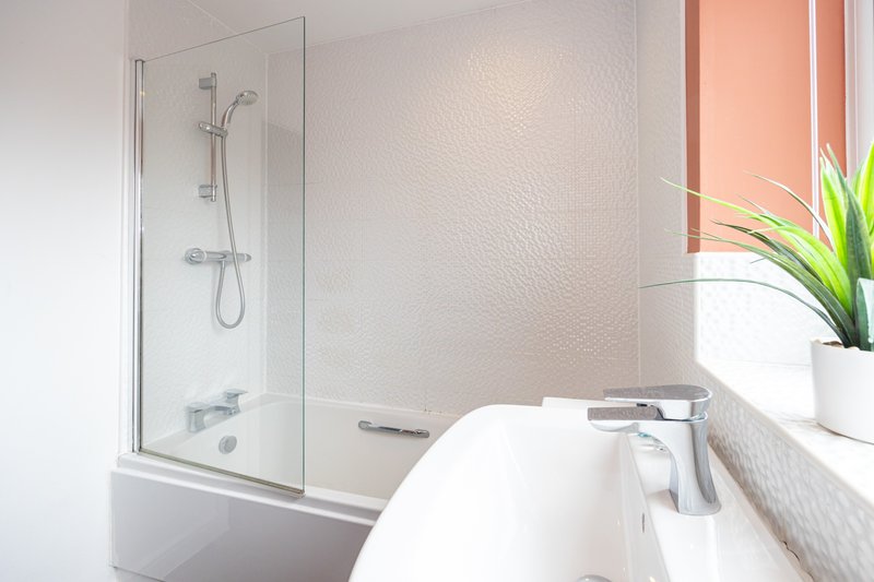 Modern bathroom with glass shower enclosure, white bathtub and potted plant