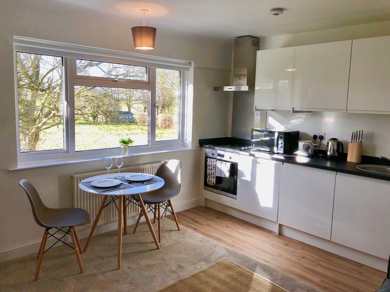 Modern kitchen with white cabinetry, dining table by window overlooking garden