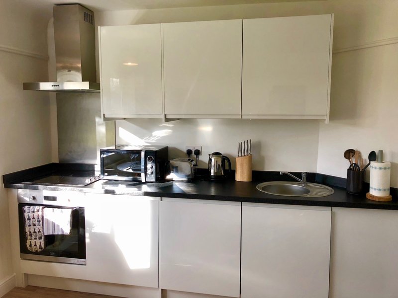 Modern kitchen with white cabinets, black countertop, integrated oven and stainless steel cooker hood