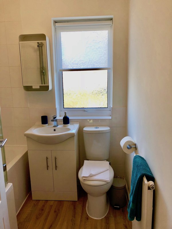 Small bathroom with white sink vanity, toilet, window, mirror and towel rail