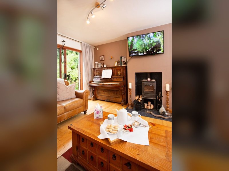 Warm living room with wooden furniture, fireplace, TV, and dining table with food and drinks