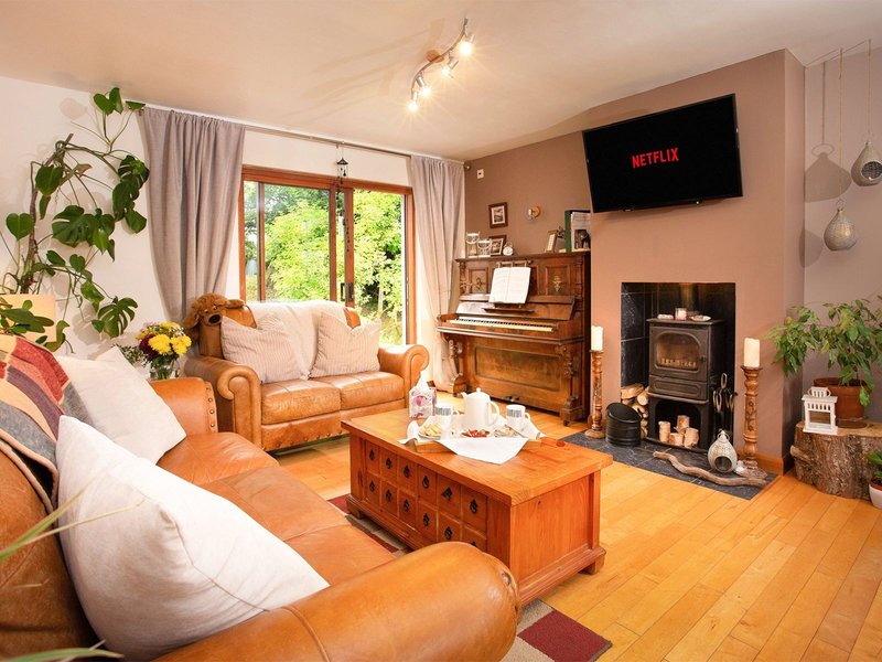 Warm living room with leather sofas, wooden coffee table, fireplace and wall-mounted TV