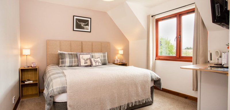 Bright bedroom with double bed, bedside lamps, wooden furniture and red-framed window