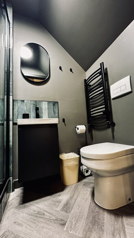 Modern bathroom with toilet, sink, shower enclosure and heated towel rail