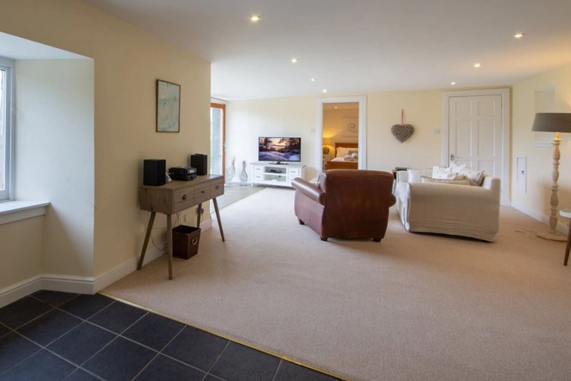 Open-plan living area with cream carpet, wooden desk, brown armchair, TV, and multiple doorways