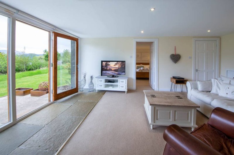 Spacious living room with leather sofa, wooden coffee table, TV, and large glass doors overlooking green garden