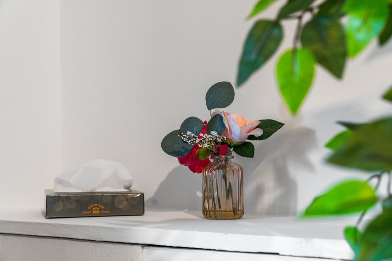 White shelf with tissue box, small floral arrangement in glass vase, and potted plants