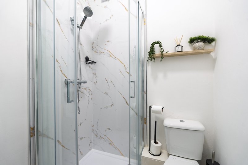 Modern bathroom with marble-effect shower enclosure, toilet, and floating shelf with plants