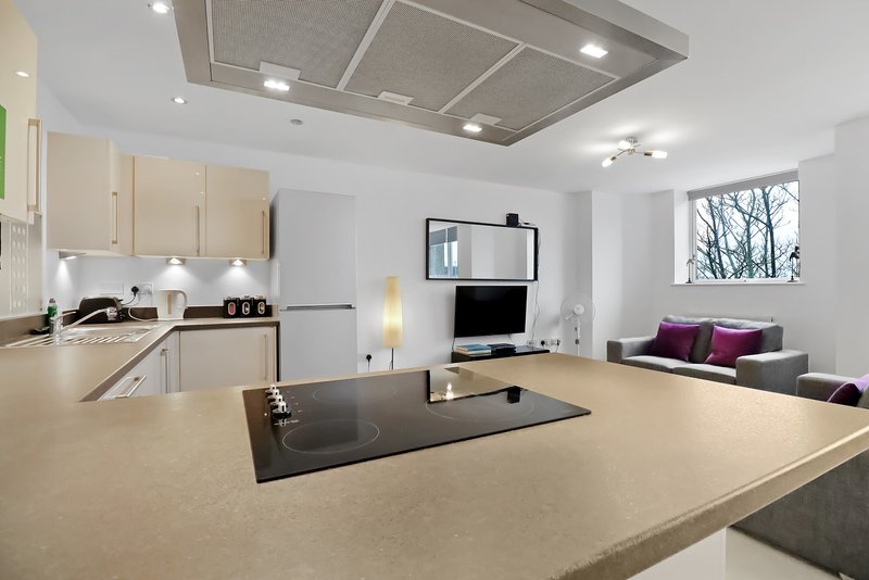 Modern open-plan kitchen and living area with light wood cabinets, island countertop, and seating area